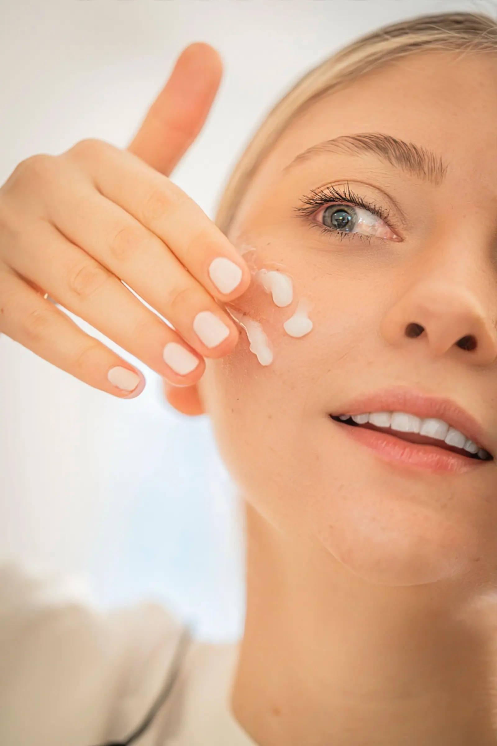 A woman smoothing a small dab of cream onto her cheek
